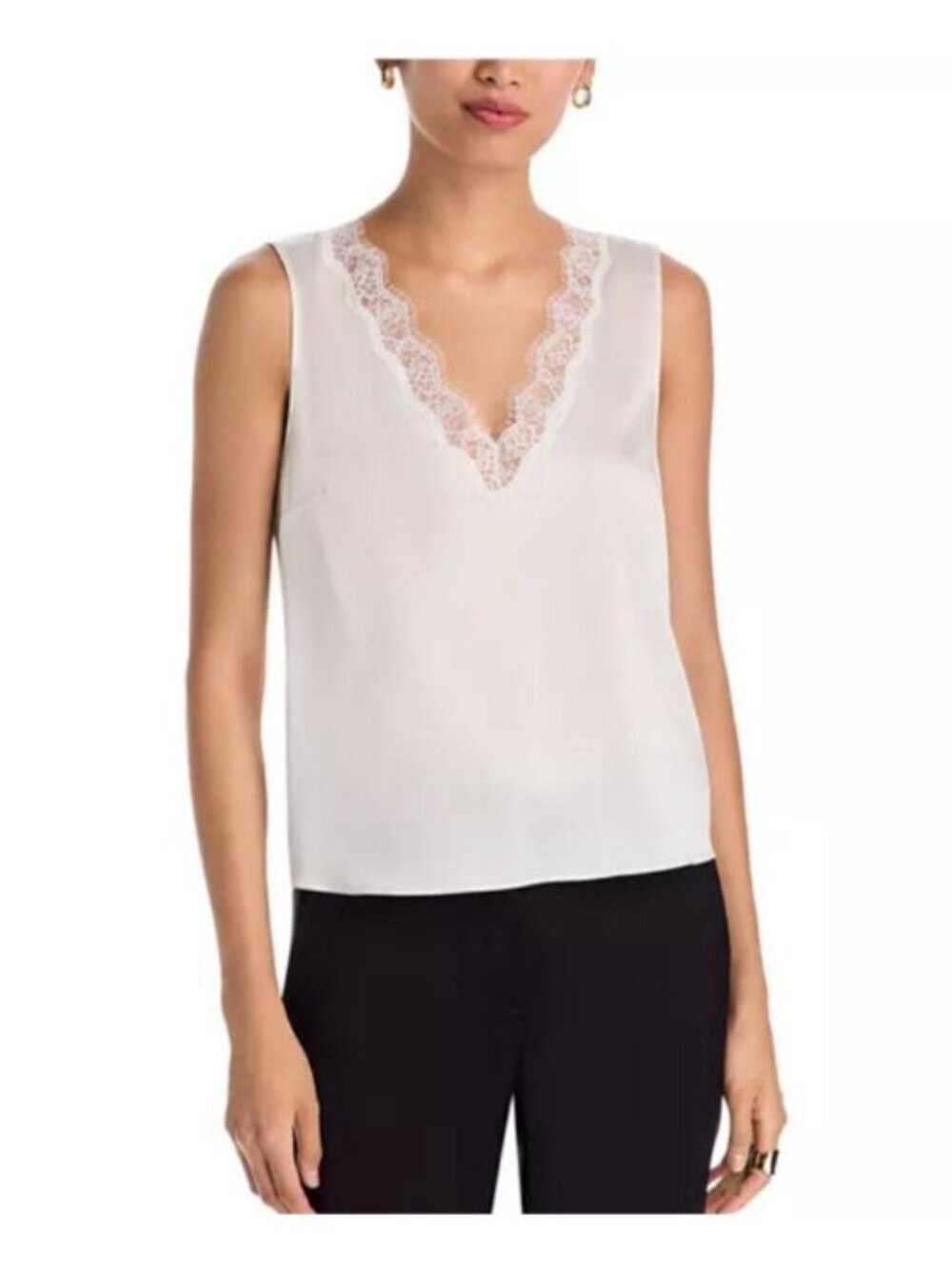 NWT Naked Zebra White Tank Top Sz S V Neck Eyelash Lace Trim Sleeveless Cami
